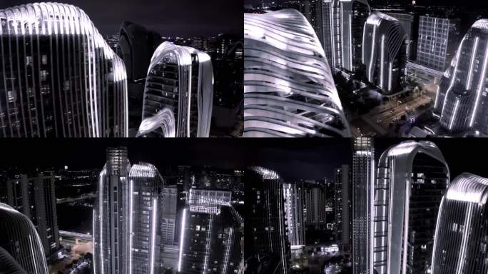 南京证大喜马拉雅夜景航拍 现代建筑设计