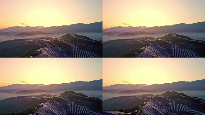 航拍山上光伏太阳能电池板
