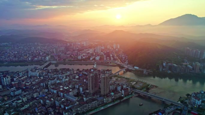 航拍福建省 南平市城市日出大全景