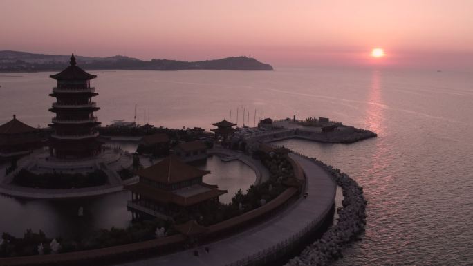 蓬莱夜景 夕阳 八仙过海 航拍 蓬莱夜晚