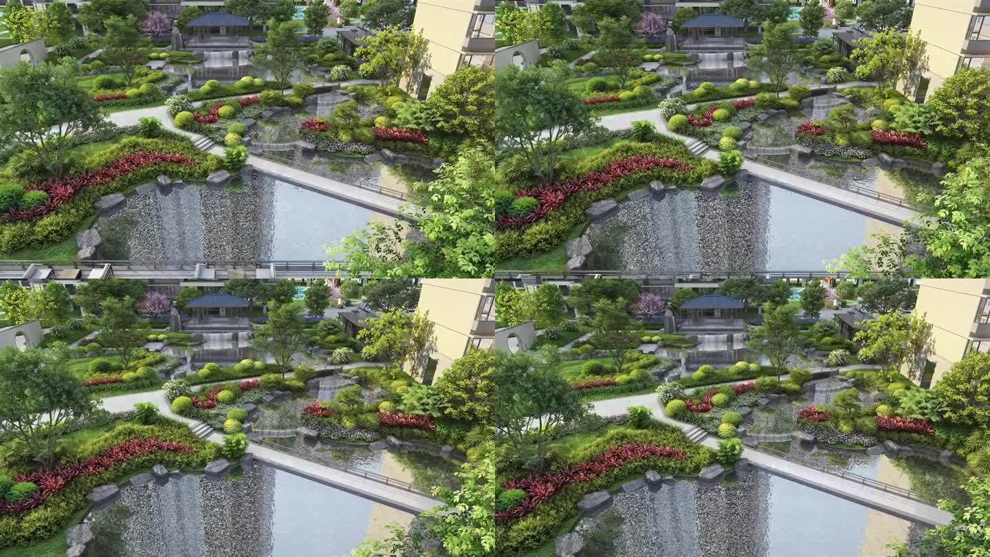 俯拍小区中式水景园林动画镜头