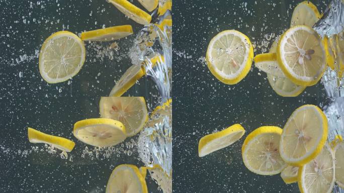 掉落的柠檬片水果慢动作入水主图视频