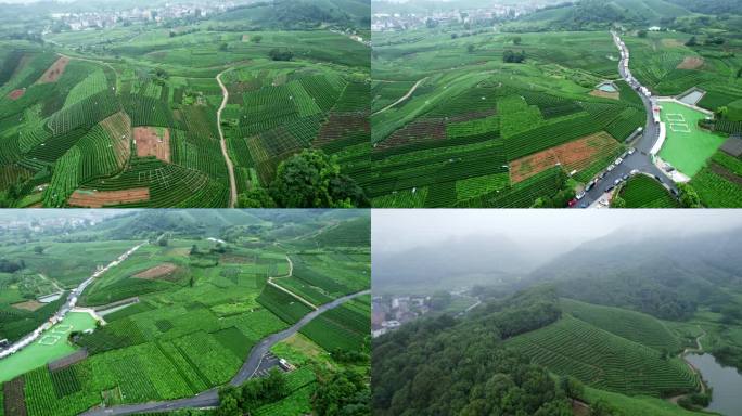 杭州龙坞茶园光明寺水库阴雨天高空航拍