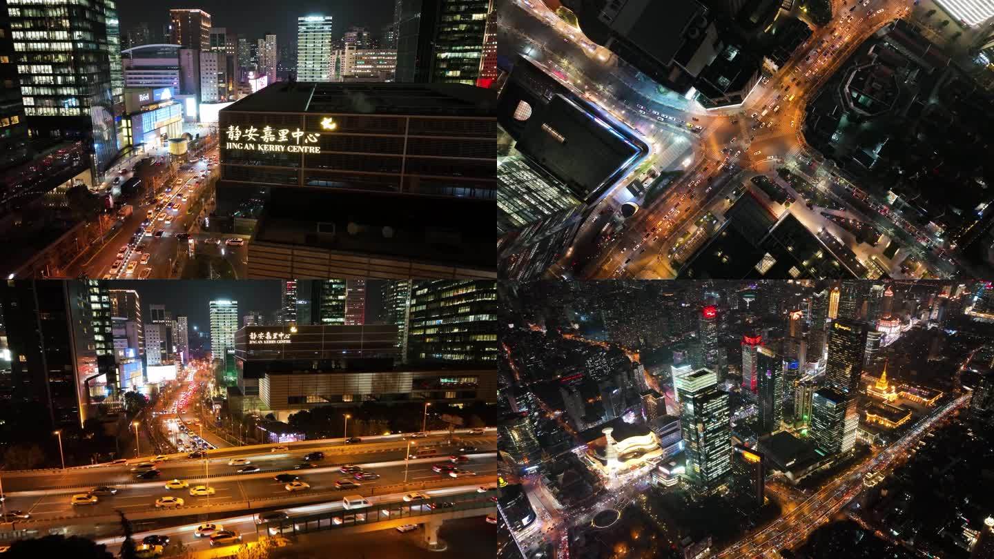 4K上海静安区夜景车流航拍