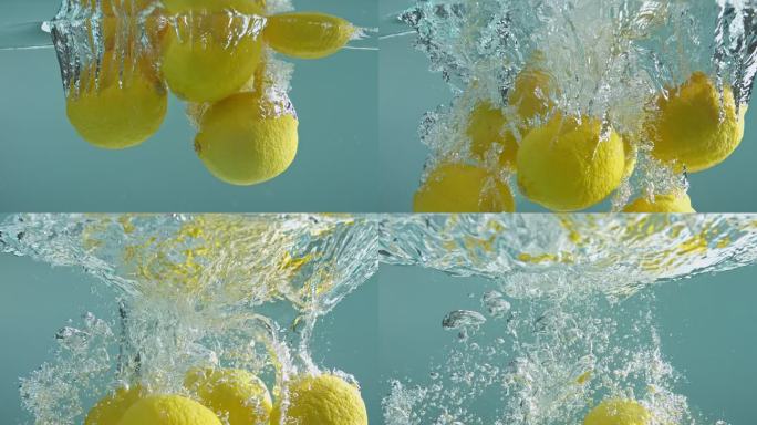 一堆柠檬掉入水中特写柠檬黄柠檬