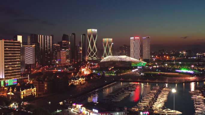 航拍大连国际会议中心夜景灯光秀