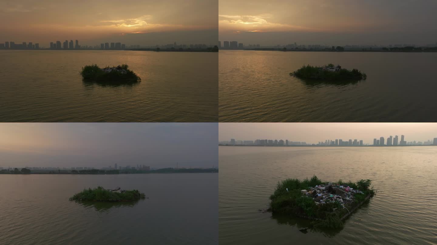 武汉江夏汤逊湖湖面上一个充满垃圾的小岛