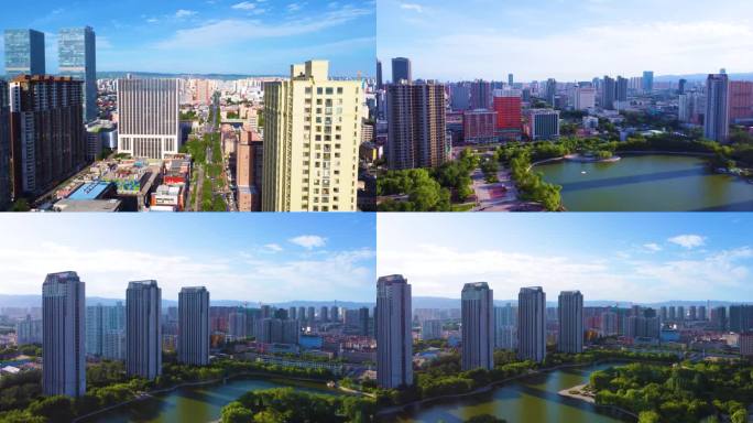 太原龙潭公园城市景观4K视频航拍素材