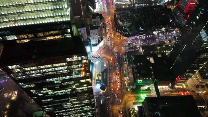 4K俯瞰上海夜景静安建筑灯光航拍