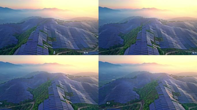 航拍山上光伏太阳能电池板