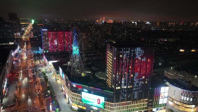 临沂泰盛广场夜景航拍 解放路兰山区摩天轮