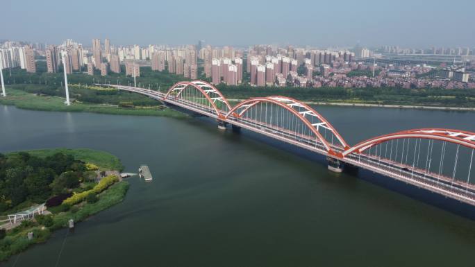 航拍天津市滨海新区中新生态城彩虹大桥