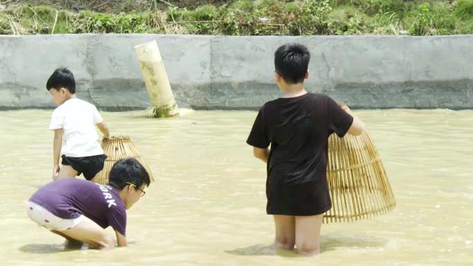 儿童游玩 植物园 玩水抓鱼