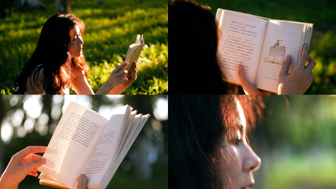女孩在夕阳下的草地上看书阅读