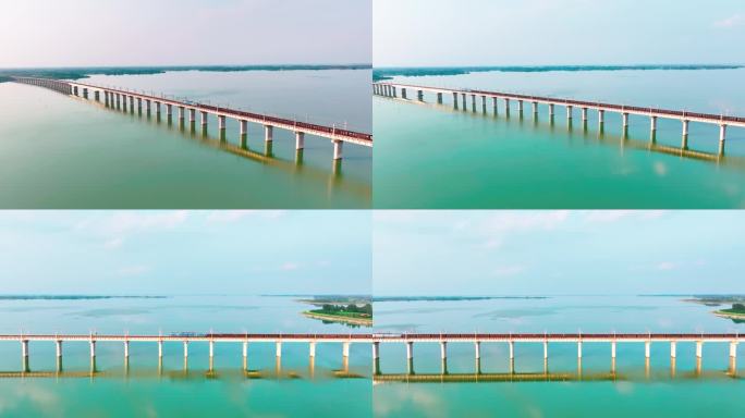 航拍湖北长湖铁路大桥，蓝天白云湖泊美景