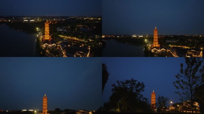 航拍江南水乡古镇乌镇夜景风光