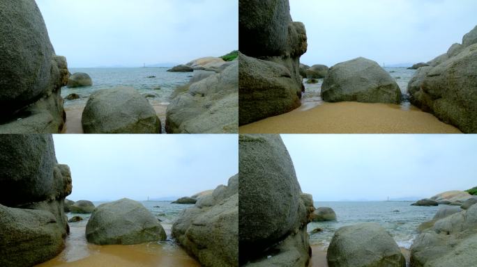 阴天多云海景 大海岸边岩石 海浪拍打礁石