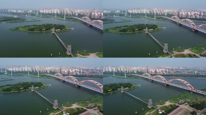 航拍天津市滨海新区中新生态城彩虹大桥