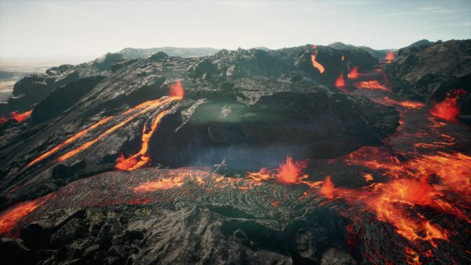 三组火山喷发岩浆涌动多角度高清视频