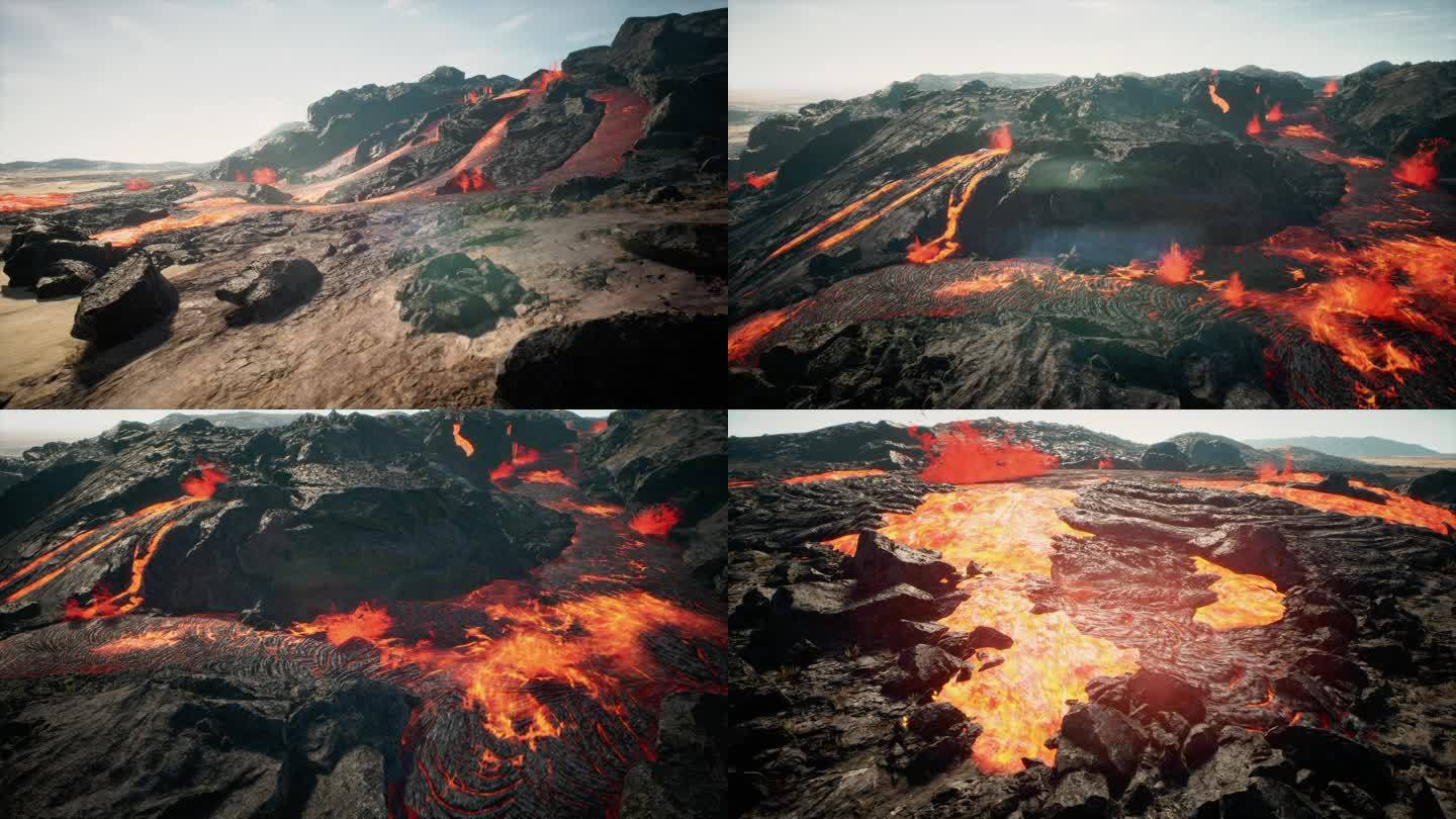 三组火山喷发岩浆涌动多角度高清视频