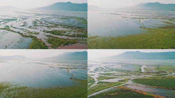 航拍沼泽、湿地、农田