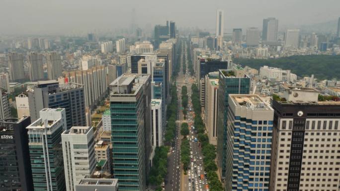 无人机航拍韩国街道大厦全景