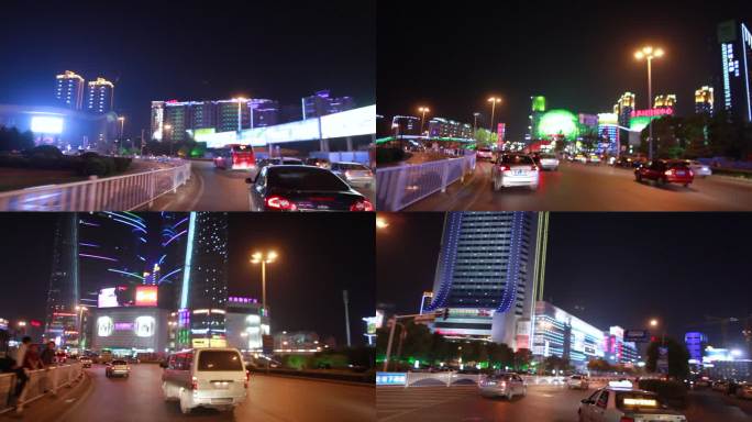 行车拍摄武汉光谷转盘道路及商业街夜景