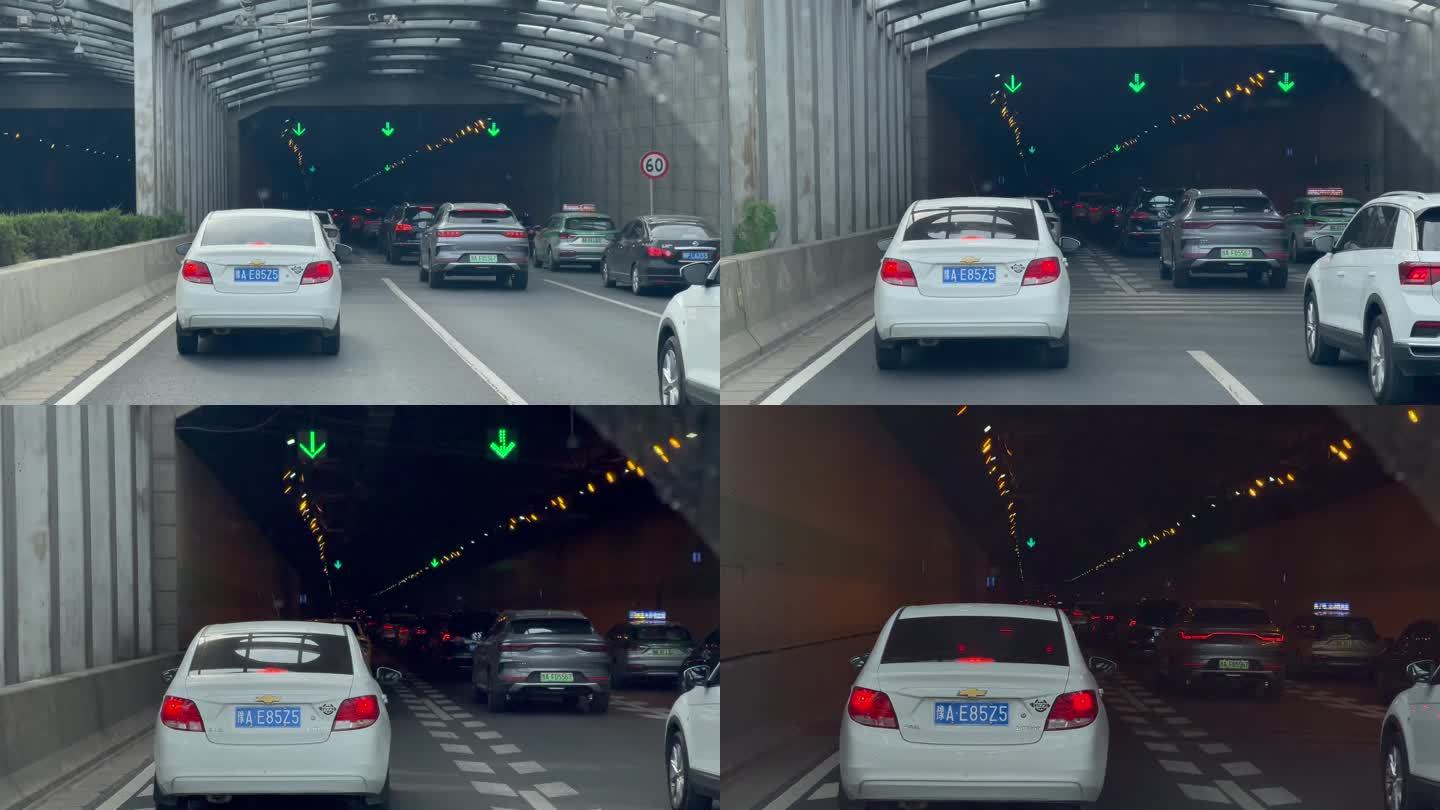 郑州堵车缓行进入下穿隧道车窗视角