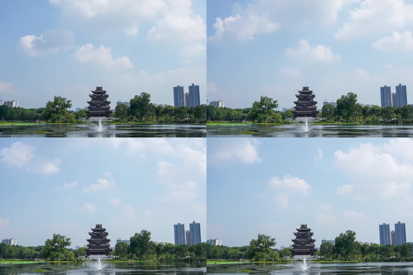 武汉紫阳湖公园古建筑紫阳阁蓝天白云延时