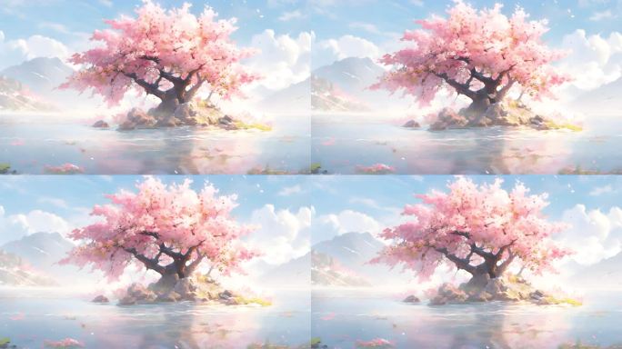 4K中国风水上桃花树动漫背景