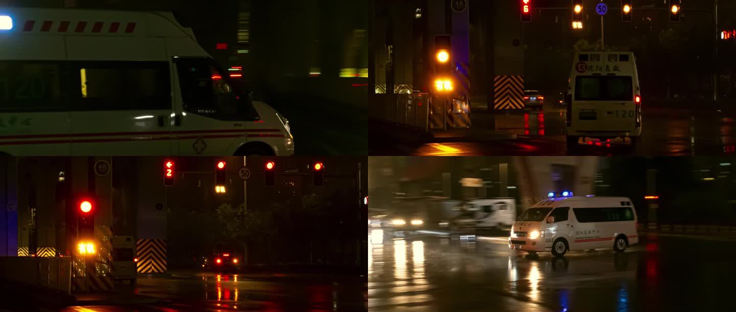 城市立交桥交通救护车路口雨夜