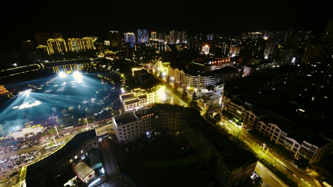 城市夜景延时车流万家灯火江景夜色光束烟花