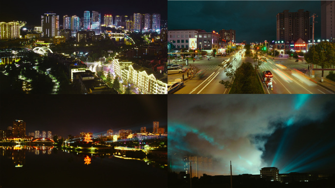 城市夜景延时车流万家灯火江景夜色光束烟花