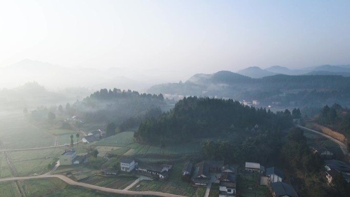 农村晨雾早上烟雾缭绕航拍空镜头