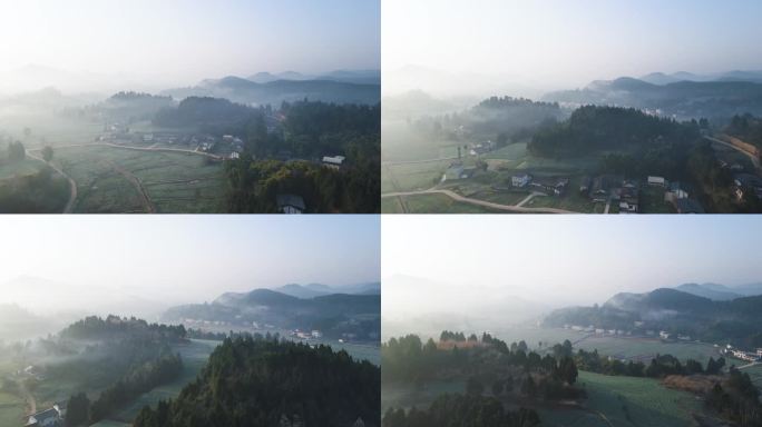 农村晨雾早上烟雾缭绕航拍空镜头