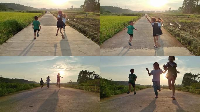 夕阳落日晚霞霞光逆光小孩奔跑田野小孩跑步