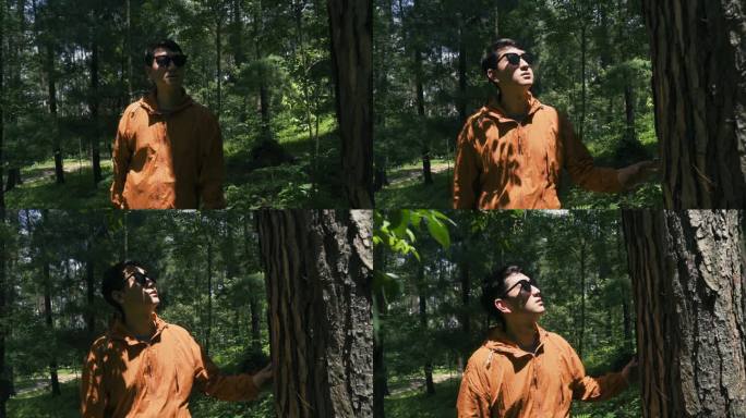 男人森林徒步眼睛广告亲近自然探秘穿越丛林