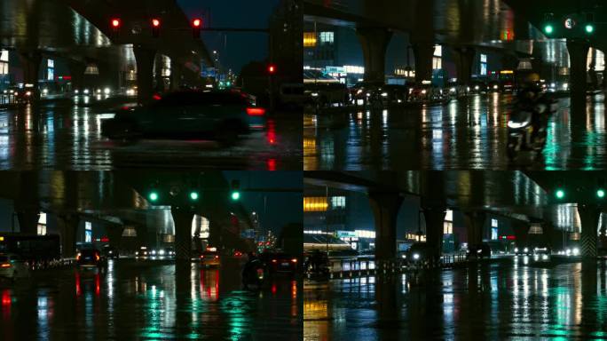 城市立交桥交通车辆路口雨夜车辆行人
