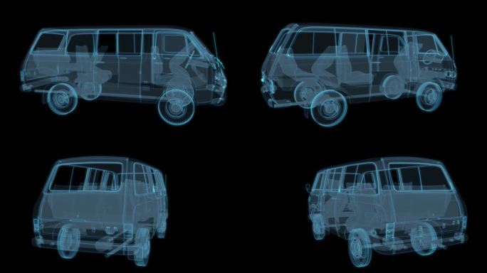 报废面包车 科幻透明网格线框小货车汽车