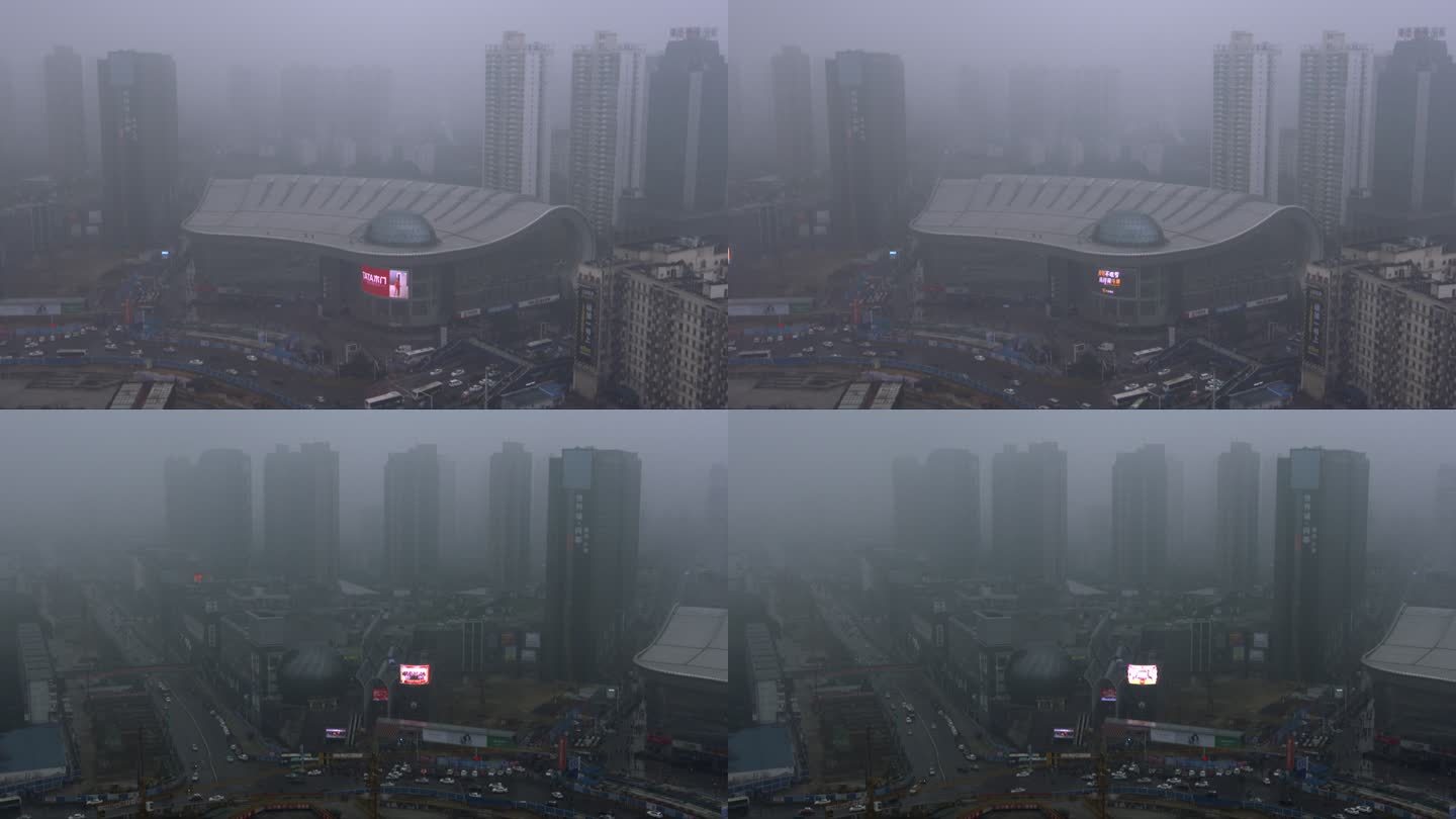 俯拍武汉光谷广场雨天雾天人流车流 组镜