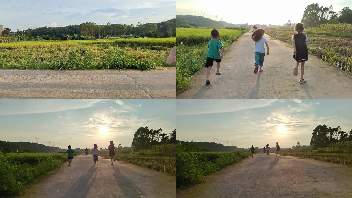 夕阳落日晚霞霞光逆光小孩奔跑田野小孩跑步