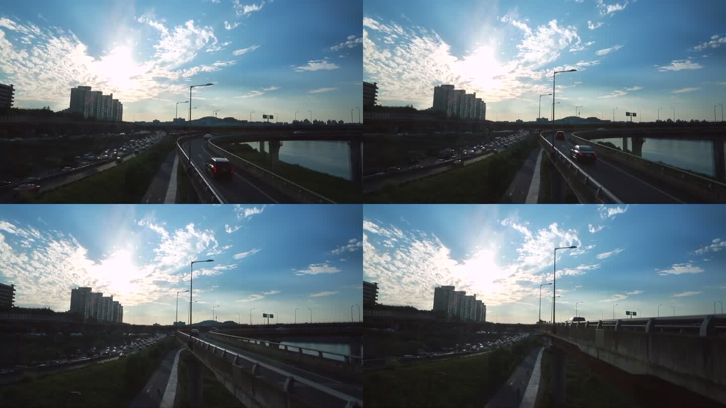 韩国高架桥弯道车流 航拍 阳光光线云层