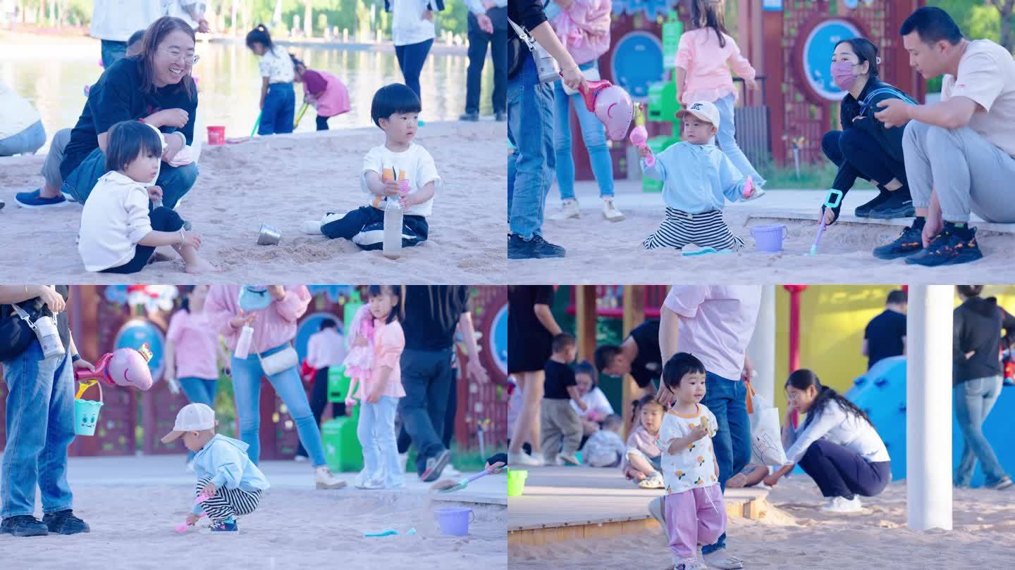 小朋友在公园里玩沙子慢动作