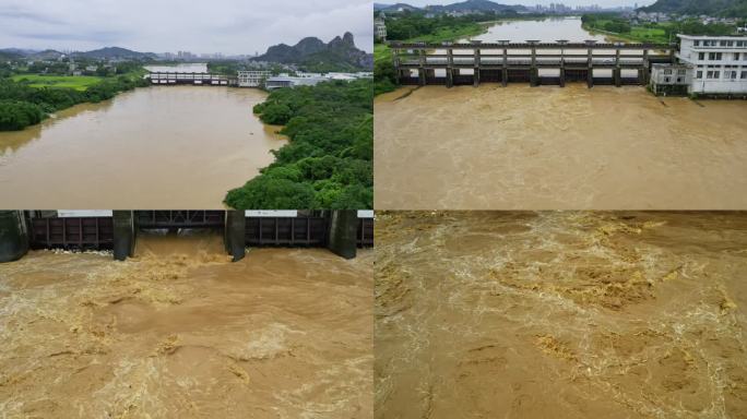 航拍河流洪水河坝放水综合治理