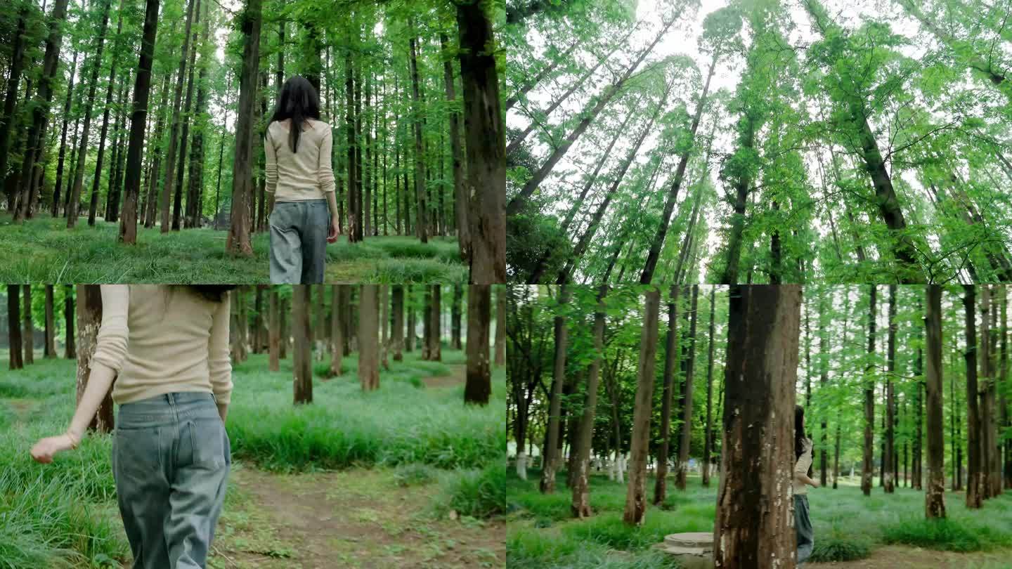 女生在森林中行走和奔跑4K50帧
