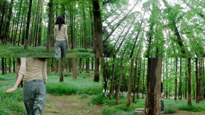 女生在森林中行走和奔跑4K50帧