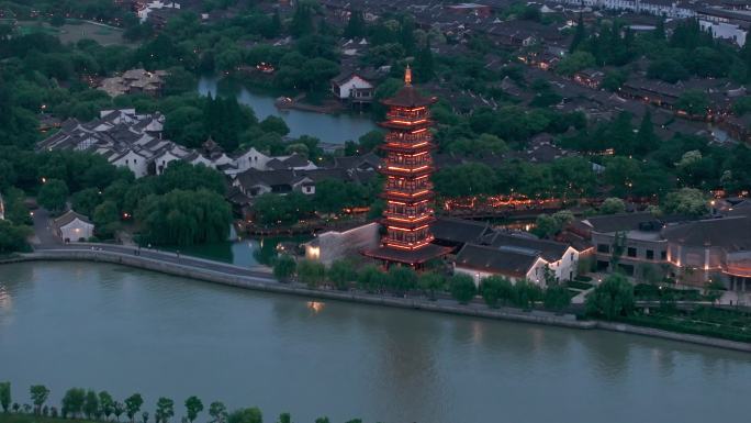 航拍江南水乡古镇乌镇夜景风光