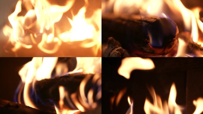 4K实拍别墅壁炉火焰取暖木柴
