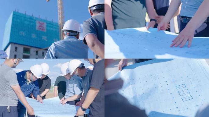 建筑工地工人领导视察看规划图
