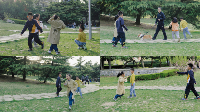 小朋友在公园玩游戏玩耍奔跑玩闹打闹木头人